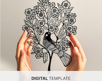 Bird in Flowers - Digital Papercut Template - PDF SVG JPG