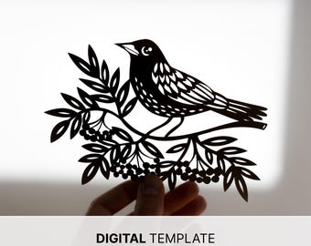 Bird in Nature - Digital Papercut Template - PDF SVG JPG