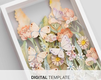 Kwiaty i motyle – szablon „Shadow Box” – DIY – warstwowa sztuka papierowa – PDF SVG (pobranie cyfrowe)