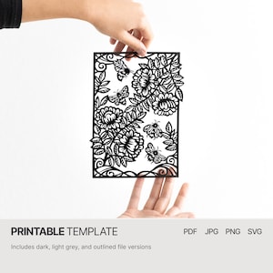 Api e fiori - Modello di carta ritagliata digitale - PDF SVG JPG