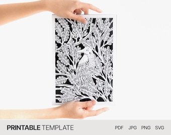 Bird in Woods - Digital Papercut Template - PDF SVG JPG