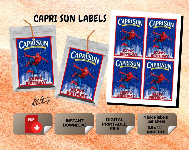 Printable Spiderman Capri Sun Labels Spiderman Cake Topper Spiderman Party Supply Spiderman Welcome Sign