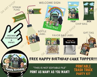 Printable Trash Truck Party Kit, Trash Truck Cake Topper, Trash Truck Party Supply, Trash Truck Sticker, Trash Truck enterpiece