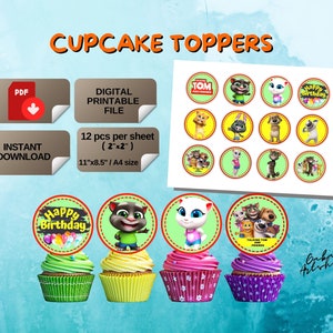 Puede incluir: Toppers para cupcakes imprimibles con los personajes de Talking Tom and Friends. La hoja incluye 12 toppers, cada uno mide 5 cm por 5 cm. Los toppers están impresos en papel de 28 cm por 21,5 cm.