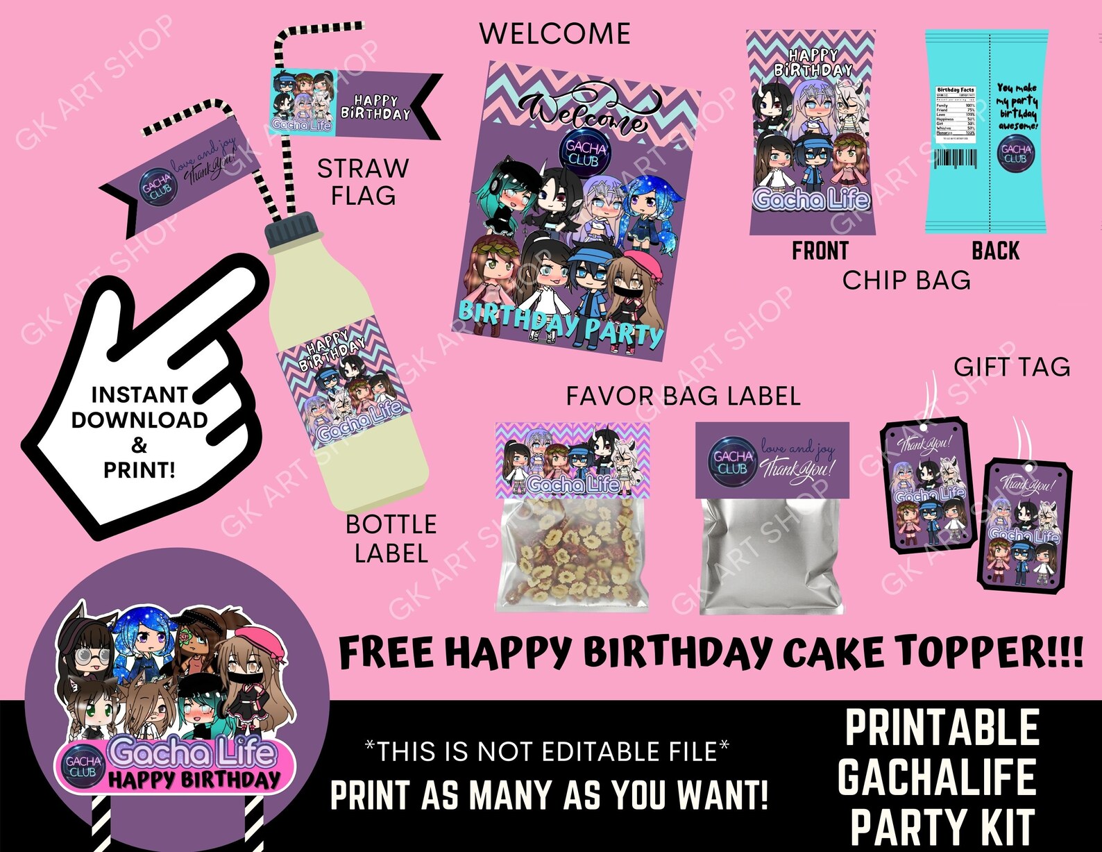 Printable Gacha Life Party Kit, Gacha Life Cake Topper, Gacha Life