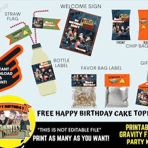 Kit de festa para impressão de Gravity Falls, topper de bolo de Gravity Falls, fornecimento de festa de Gravity Falls, adesivo de Gravity Falls