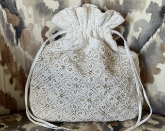 The Quintessential White Embellished Bridal Mini Bucket Pouch Purse Bag with Drawstrings