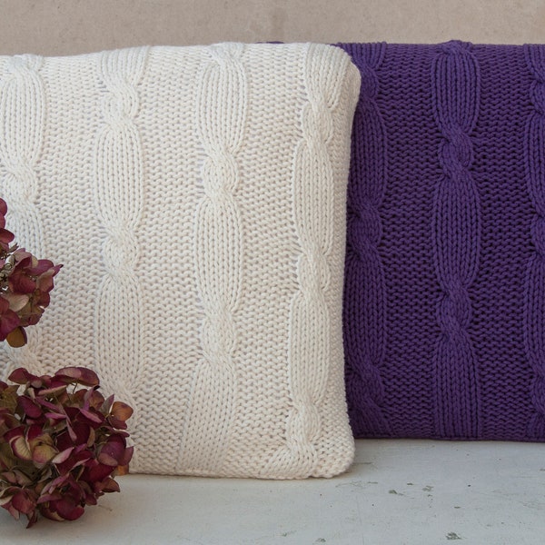 Decorative White Pillow, Purple Knitted Cushion,Cotton Cover Pillow,Soft Pillow,Livingroom and Bedroom Accent Pillow,Gift for Her,Cable Knit