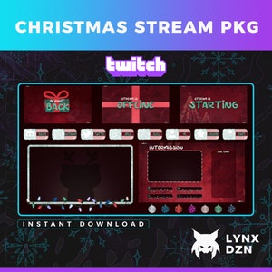 Puede incluir: Un paquete de transmisión de Twitch con temática navideña con un esquema de color rojo y verde. El paquete incluye una variedad de superposiciones, que incluyen una pantalla de regreso, una pantalla fuera de línea, una pantalla de inicio, una pantalla de intermedio y una pantalla de chat. El paquete también incluye una variedad de botones de redes sociales, como Discord, Instagram, Twitter y Twitch.