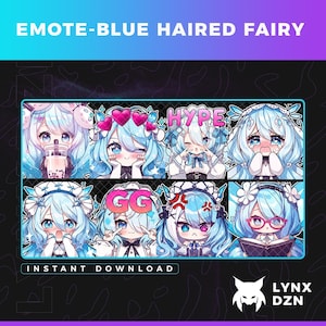 May include: A set of eight blue-haired fairy emotes with different expressions, including "GG", "Hype", and "Angry".