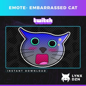 Puede incluir: Un gato azul con ojos grandes y una expresión de sorpresa. El gato tiene mejillas rosadas y una nariz negra. El fondo es negro con un patrón de cuadrícula. El texto "twitch" está en morado en la parte superior de la imagen.