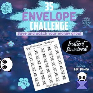 Könnte beinhalten: Ein druckbarer 35-Envelope-Challenge-Tracker mit einer Panda-Illustration. Der Tracker hat 35 Umschläge mit den Nummern 1-35. Der Gesamtbetrag beträgt 630 €. Der Text "Sofortiger Download!" und "Mit MR. PANDA" ist ebenfalls enthalten.