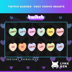 Valentine&#39;s Day Candy Sweetheart Stream Badges and Emotes | 12 Conversation Emotes for Twitch | Cheer badges | Stream Assets