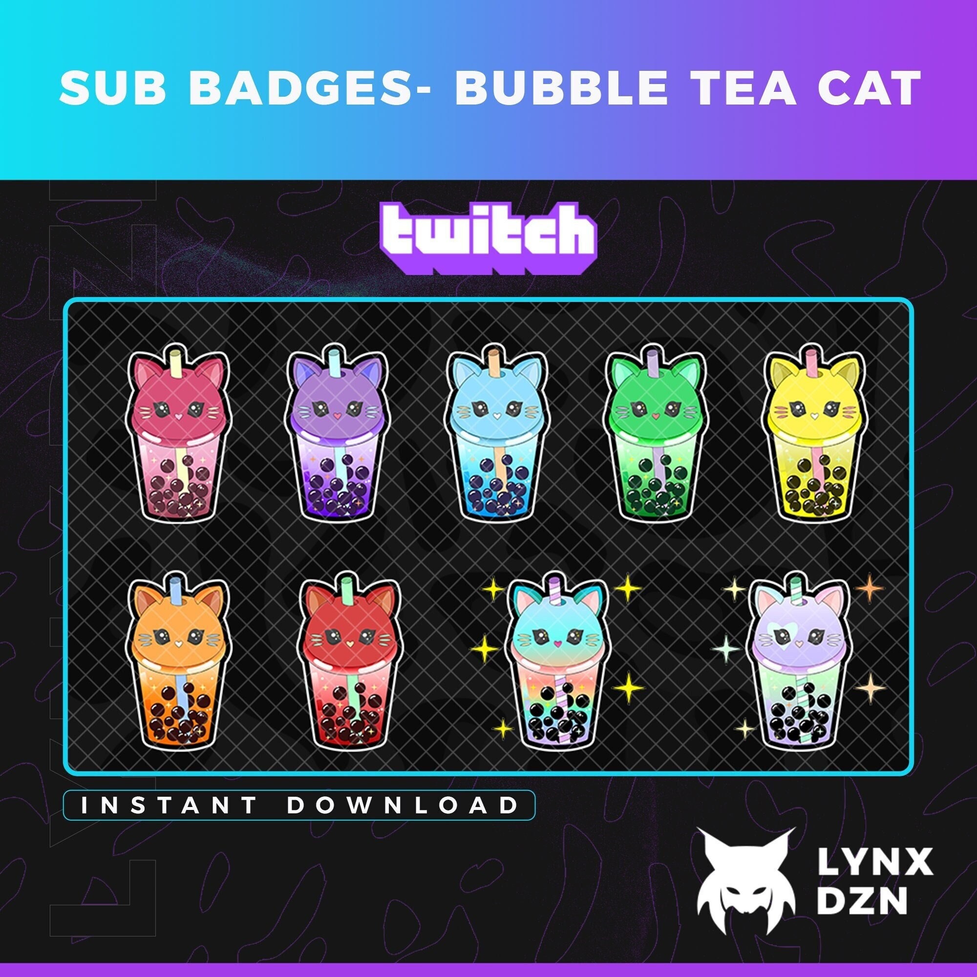 Twitch Sub Badges and Emotes | 9 Subscriber Bubble Tea Cat Tiers ...