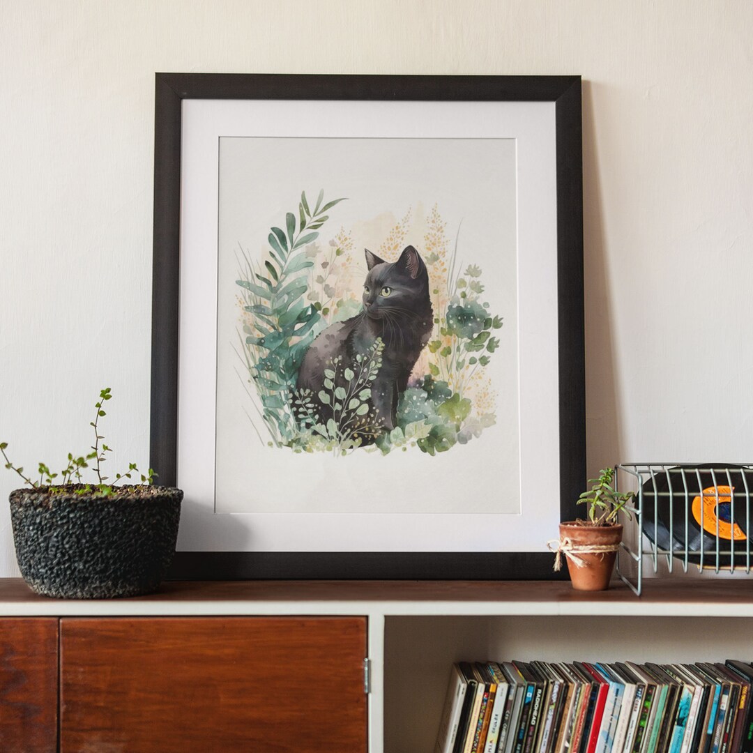 Watercolor Art Print | Black Cat in Garden | Home Decor | Digital ...