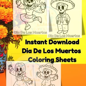 Dia De los Muertos Coloring Pages, Day of the Dead Coloring Sheets, Cute Kids Halloween Coloring Activity, Sugar Skull Coloring Pages Book