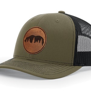 Bear In The Woods Genuine Leather Patch On A Richardson 112 SnapBack Trucker Cap