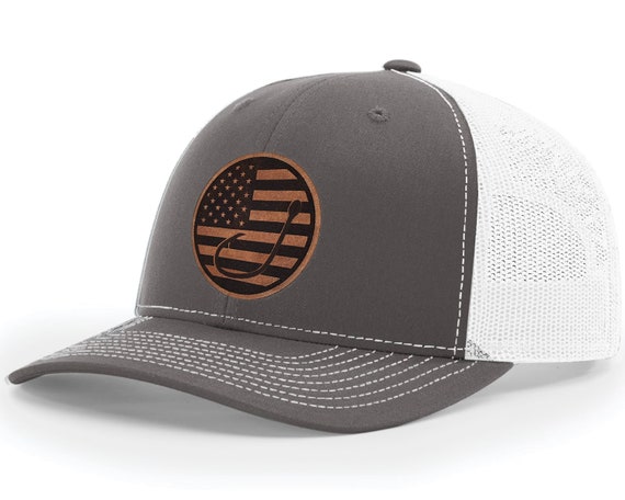 Fishing Hook US Flag Genuine Leather Patch on A Richardson 112 Snapback  Trucker Cap 