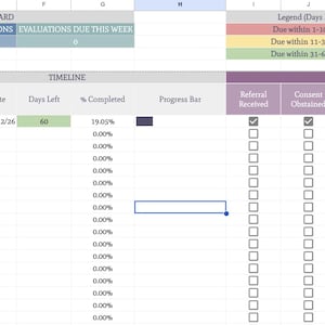 May include: An evaluation dashboard spreadsheet featuring a timeline with columns for student name, dates, days left, and progress bars. The pre-assessment section includes checkboxes for referral, consent, record review, and various interview stages.