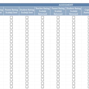 May include: A digital spreadsheet template titled ASSESSMENT featuring columns for Student Interview, Teacher Interview, Observation(s), Rating Scales Sent and Returned, Cognitive and Academic Assessment, Rating Scales Scored, and Report Drafted.