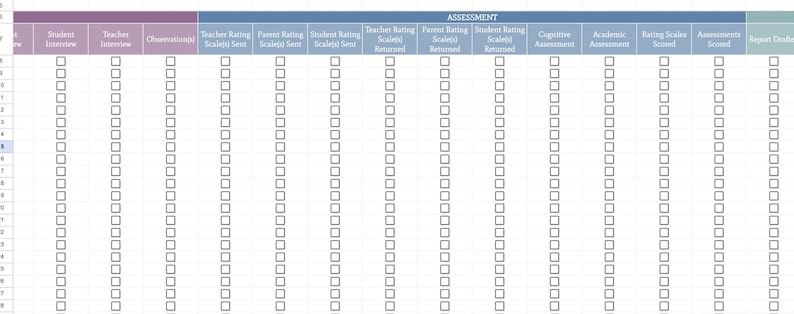 May include: A digital spreadsheet template titled ASSESSMENT featuring columns for Student Interview, Teacher Interview, Observation(s), Rating Scales Sent and Returned, Cognitive and Academic Assessment, Rating Scales Scored, and Report Drafted.