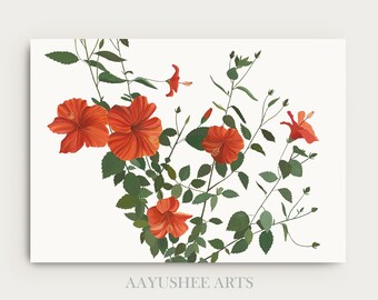 Red Hibiscus - Flower Art Print - Botanical Watercolors Illustration - Instant Digital Download - Printable Wall Art - Home Decor