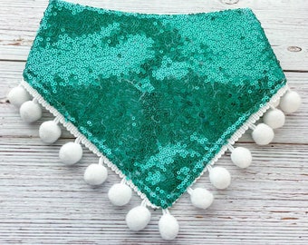 Green Sequin Bandana with white pom trim