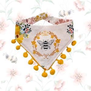 Reversible Bandana: Honeybees/Golden Floral with Yellow Pom Trim BA1