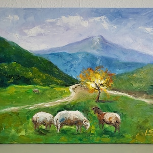 Original Oil Mountain Landscape with the Burning Bush and Meadow with Sheep Painting Moses and God Art-Country Landscape