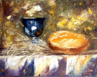 Bread and a Glass of Wine Original Oil Painting Kitchen Food Paintings Still Life Impressionist Communion Christian art