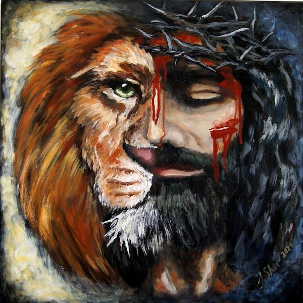 Jesus Löwe von Juda Malerei Acryl auf Leinwand Originalkunst, christliche Kunst, prophezeite Kunst, Opfer Christi, Ostern
