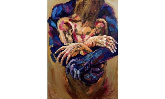 Embracing Couple Original Oil Painting: Modern Love Art, 20x28