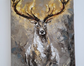 Abstraktes Hirsch Ölgemälde auf Leinwand, Original Hirsch Portrait, Wald Wandbild, moderne Tiermalerei für Wohnzimmer, Schlafzimmer