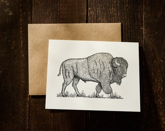 Ilustración linograbada de tarjeta de bisonte sobre papel de algodón con sobre de papel Kraft