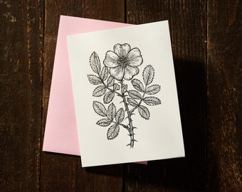 Woods rose card linocut illustration on cotton paper with pink envelope