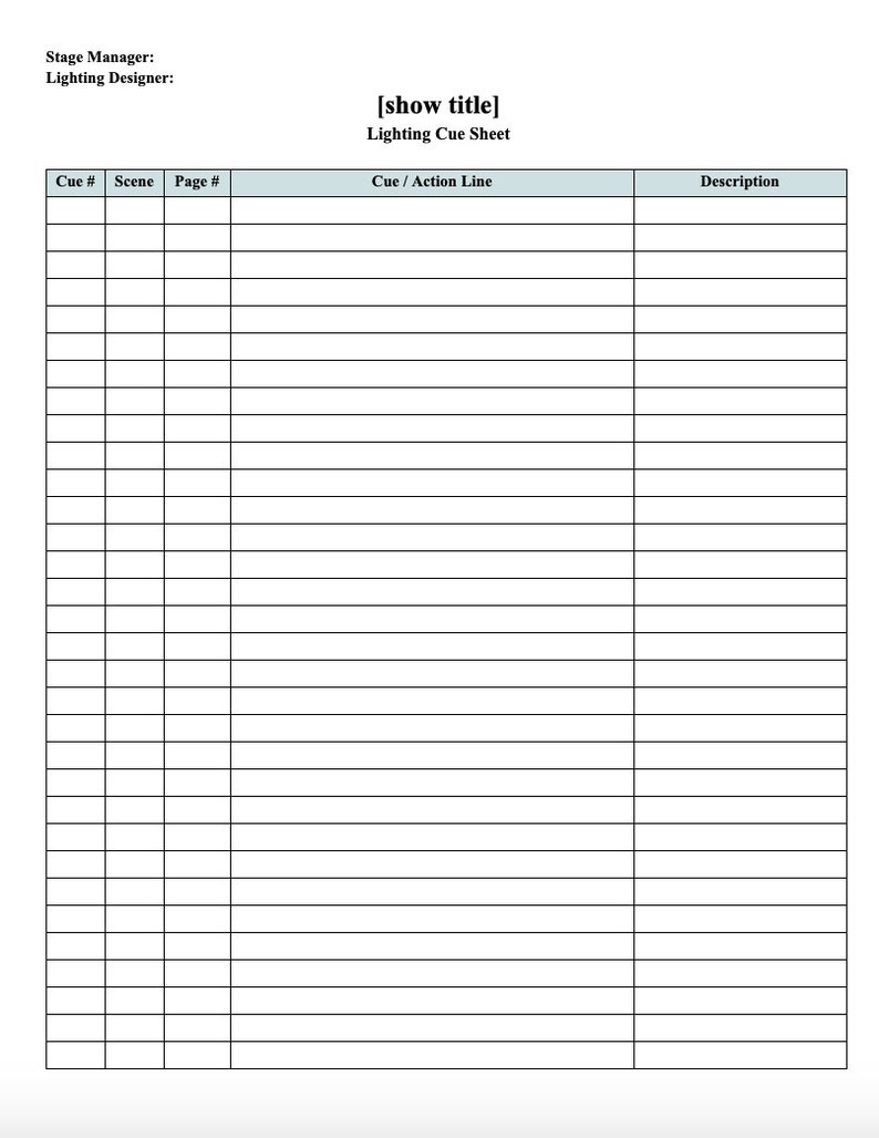 Lighting & Sound Cue Sheets Stage Management Kit Digital Download Editable Printable Minimalist