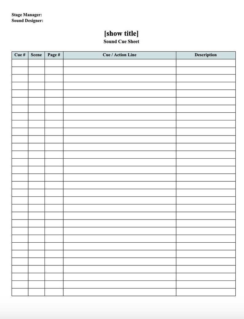 Lighting & Sound Cue Sheets Stage Management Kit Digital Download Editable Printable Minimalist