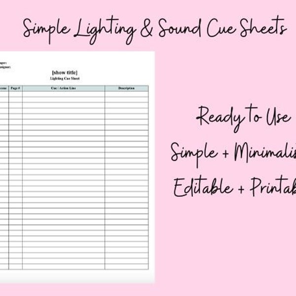 Lighting & Sound Cue Sheets | Stage Management Kit | Digital Download | Editable + Printable | Minimalist