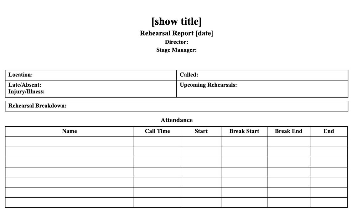 Rehearsal Report Template Digital Download Stage Manager Kit Production