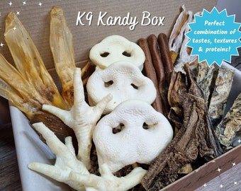 K9 Kandy Natural Dog Treat Box - 10/20/30 Treats, Chicken Foot, Rabbit Ear, Pig Snout, Deli Sausage, Fish Finger, Buffalo Tripe