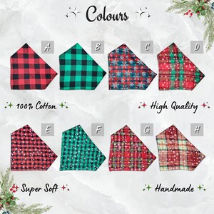 May include: Assortment of eight triangular bandanas in various plaid and snowflake patterns. Colors include red, green, and white. The text "Colours", "100% Cotton", "High Quality", "Super Soft", and "Handmade" are also visible.