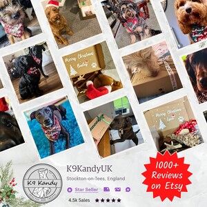 May include: A collage of photos featuring dogs wearing festive bandanas and Christmas-themed boxes. The boxes are labeled with names and holiday greetings. The K9 Kandy UK logo and Etsy review badge are also visible.