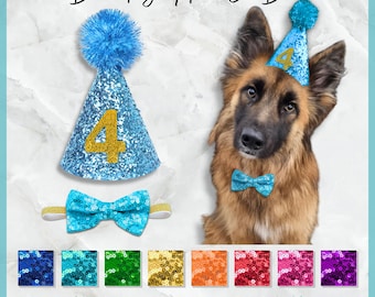 Numbered Party Hat & Bow Tie Set for Dogs – Sequin Party Hat with Customised Age and Adjustable Bow Tie | 10 Colours to Choose From