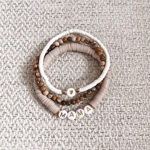 Beige, Wood & Creamy White Stacker Bracelets | 4mm Dainty Heishi Beads | Great Gift for Thoughtful Custom Christmas Gift
