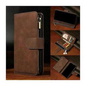 Capas de iPhone Vintage Marrom Personalizadas - Capa tipo carteira de couro legítimo com zíper para iPhone 15 pro-12 11 Pro Max XR Xs SE 8 7 - Presente para Ele/Ela