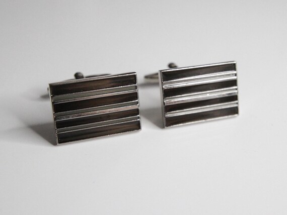 Silver Striped Rectangular Cufflinks – Modern Men… - image 1