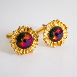 Vintage Radiant Gemstone Cufflinks - Golden-Toned Cufflinks with Iridescent Stones