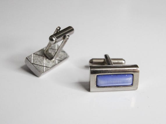 Silver Rectangular Cufflinks – Blue Inlay, Classi… - image 3