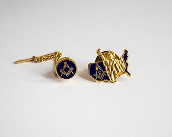 Vintage Freemason Tie Pin Set - Gold-Toned Masonic Lapel Pins with Classic Compass Emblem and Statue Of Liberty