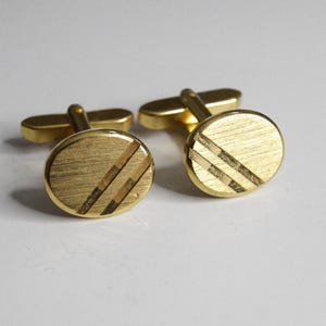 Vintage Gold Oval Cufflinks with Diagonal Stripe Design